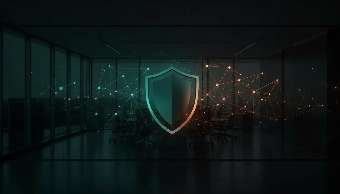 A glowing cybersecurity shield in a dark office boardroom surrounded by a network of connected data points