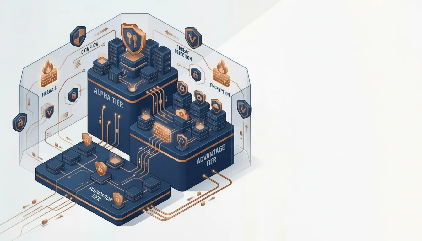 Isometric illustration of a managed IT environment with security shield icons over a circuit-board base